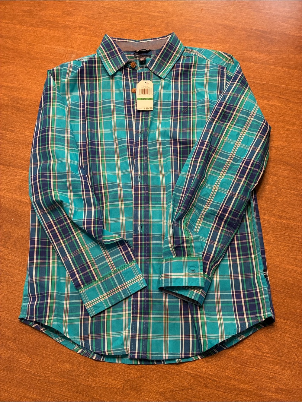 Nautica Teal and Navy Plaid Long-Sleeve Button-Down Shirt